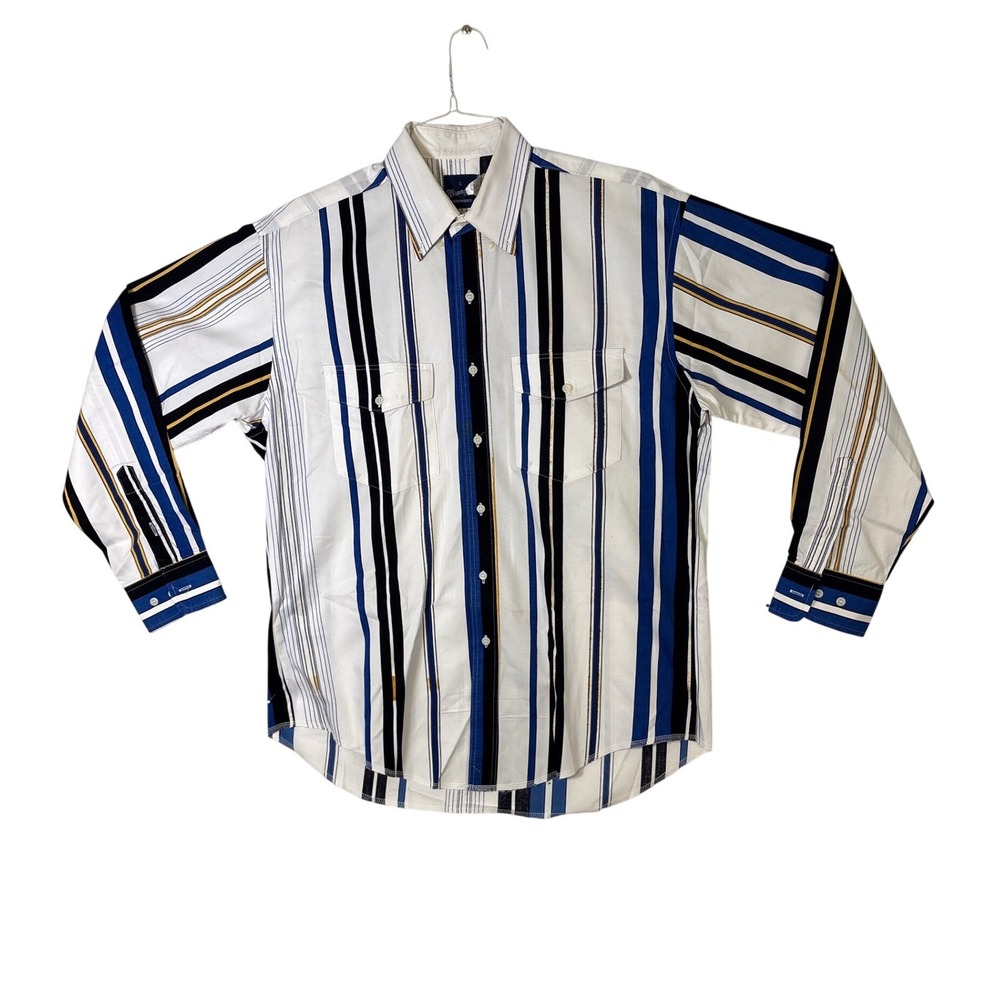 Wrangler Western Shirt Mens Large Blue Black Gold Striped Long Sleeve Button Up